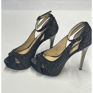 INC Rhinestone Platform Heels Black Ankle Strap Stiletto Y2K Party 6.5 Prom